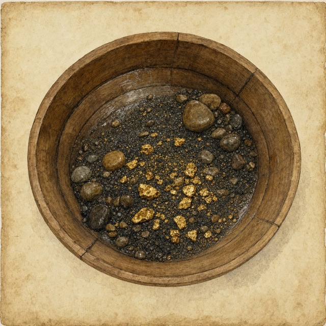 Ilustração de uma bateia com cascalho de rio e pepitas de ouro